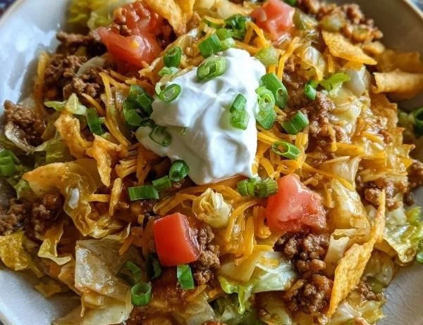 Delicious Frito Cowboy Cabbage dish served with Fritos and toppings