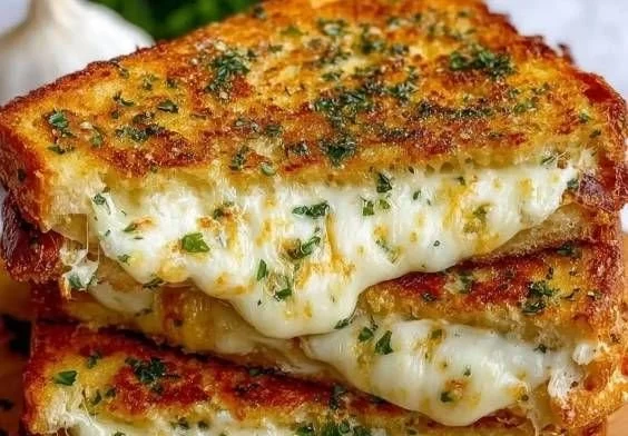 Delicious garlic bread grilled cheese sandwich with melted cheese