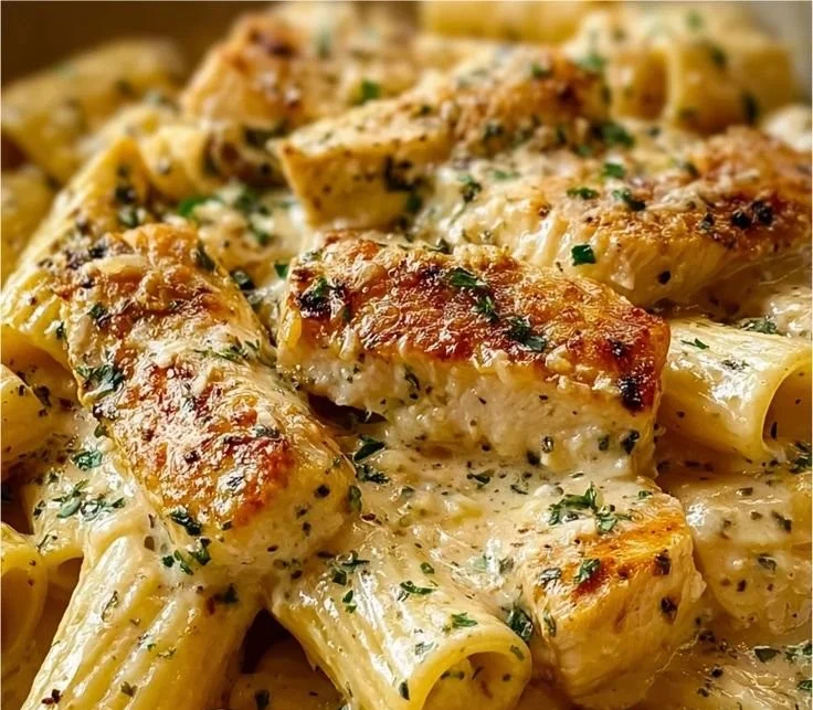 Delicious Garlic Parmesan Chicken rigatoni served in a bowl