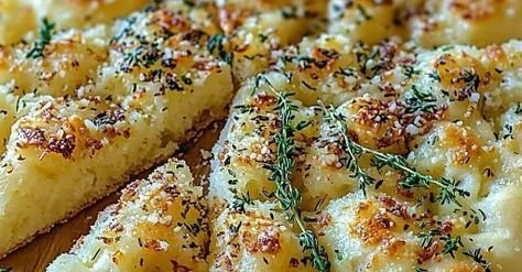 Freshly baked Garlic Parmesan Focaccia Bread with herbs and garlic topping