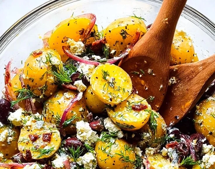 Bowl of fresh Greek Potato Salad with olives and feta cheese