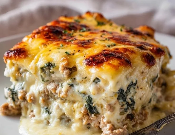 High protein ground turkey casserole topped with cheese and vegetables