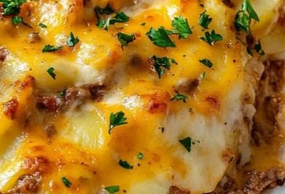 Hobo Casserole with Ground Beef served in a baking dish