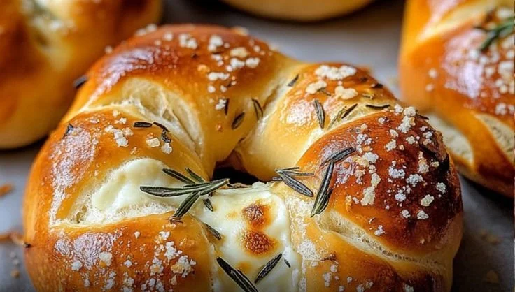 Homemade soft pretzels stuffed with mozzarella cheese on a wooden table