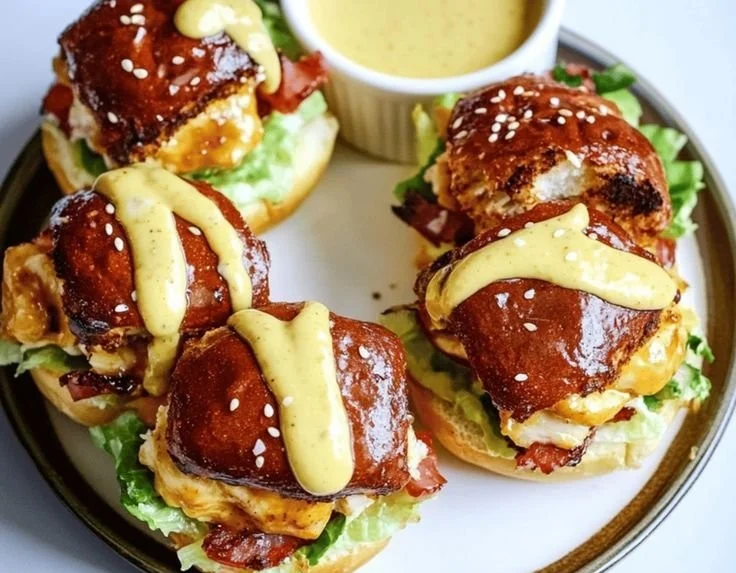 Honey Mustard BLT Chicken Sliders served on a wooden platter