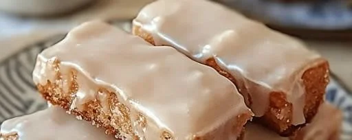 Soft baked maple donut bars on a plate with a drizzle of maple glaze.