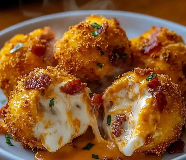 Irresistibly crispy Buffalo Chicken Bacon Mozzarella Bombs on a serving platter