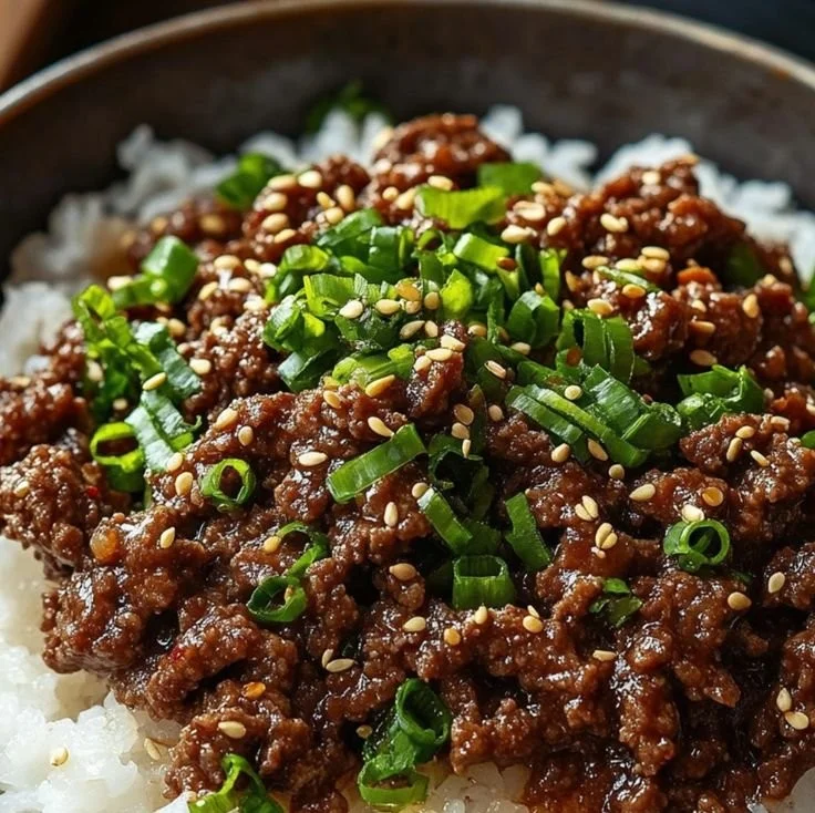 A flavorful Korean Ground Beef Bowl topped with vegetables and sesame seeds