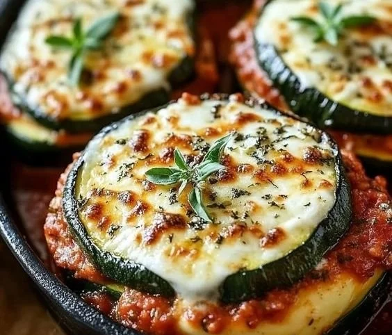 Delicious layered zucchini ricotta melts with marinara sauce