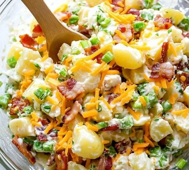 Delicious loaded baked potato salad with toppings and creamy dressing