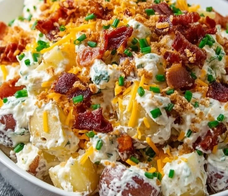 Delicious loaded potato salad with creamy dressing and toppings in a bowl
