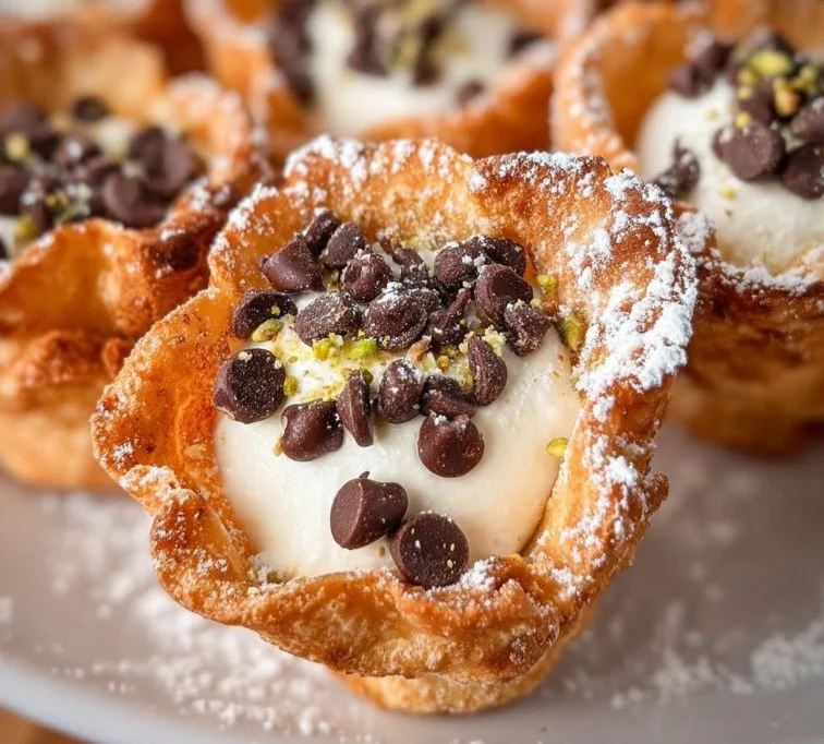 Delicious mini cannoli cups filled with sweet ricotta cream and topped with chocolate chips