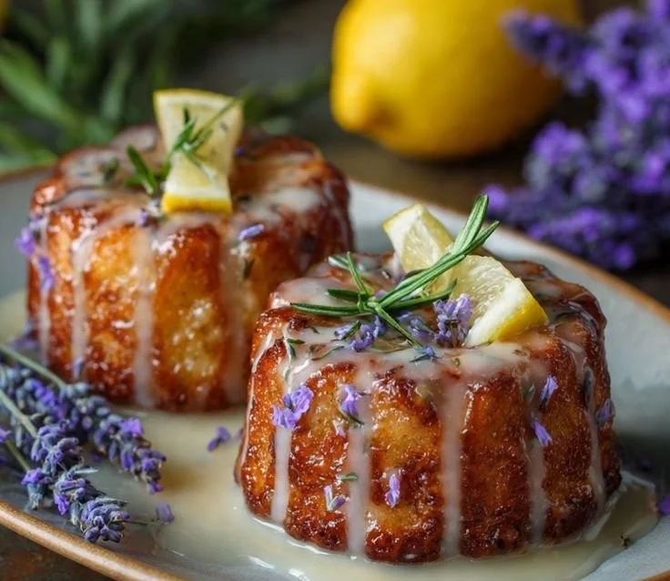 Mini lemon cakes with a lavender glaze, beautifully served on a plate.