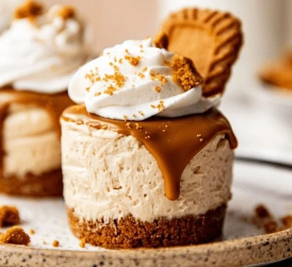 Mini No Bake Biscoff Cheesecakes topped with Biscoff crumbs and whipped cream