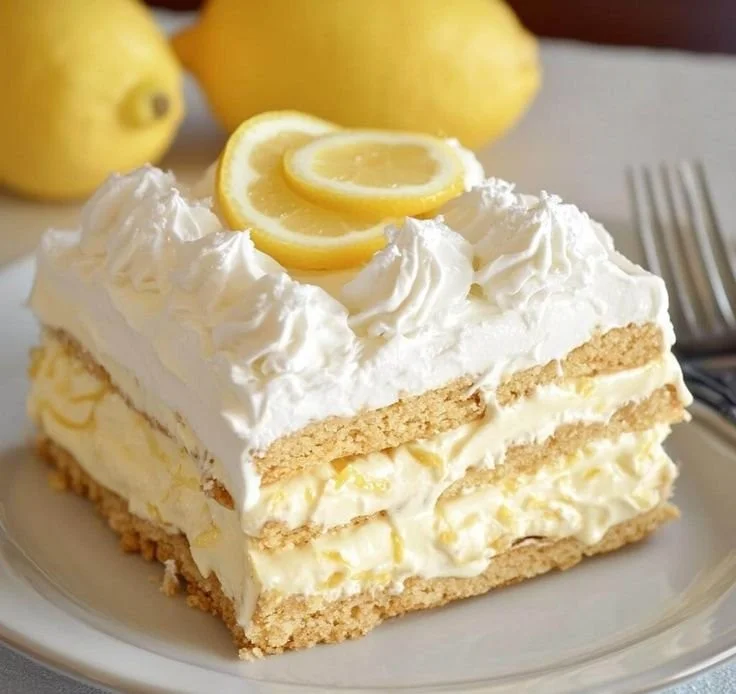 No-Bake Lemon Éclair Cake with layers of cream and lemon flavor