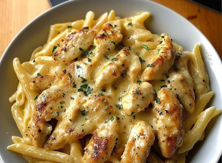 Delicious garlic parmesan chicken pasta prepared in one pan.