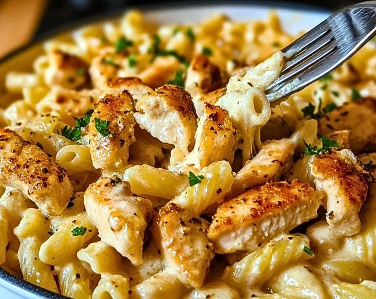 One-Pot Garlic Parmesan Chicken Pasta dish with creamy sauce and chicken pieces