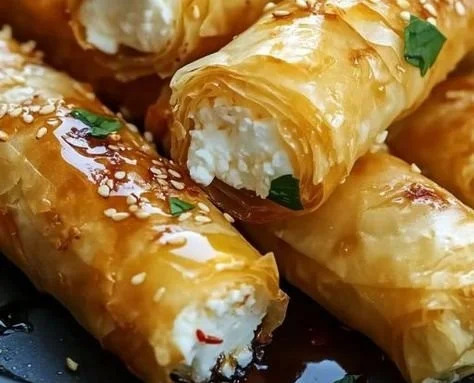 Oven-Fried Feta Rolls drizzled with chili honey on a plate
