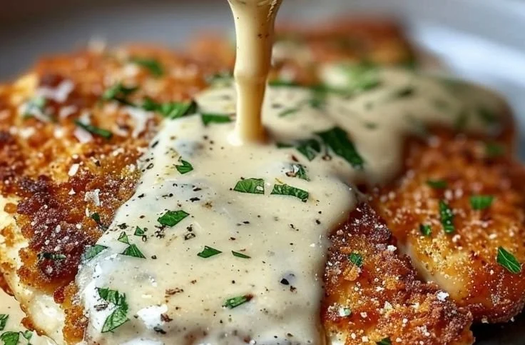 Parmesan Crusted Chicken served with Creamy Garlic Sauce on a plate