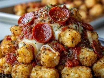 Delicious Pepperoni Pizza Totchos topped with cheese and pepperoni