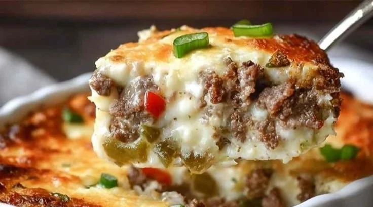 Philly Cheesesteak Casserole topped with cheese and peppers on a plate