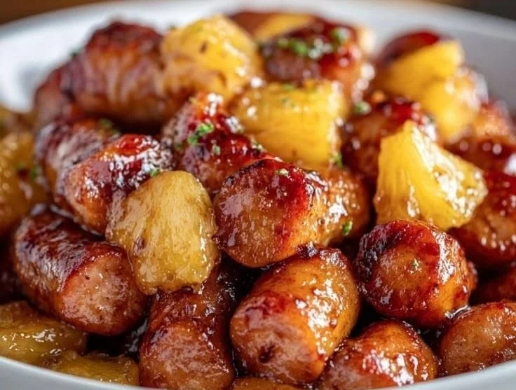 Pineapple Brown Sugar Mississippi Little Smokies Bites served on a platter