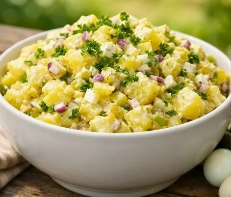 Pioneer Woman's creamy potato salad garnished with fresh herbs