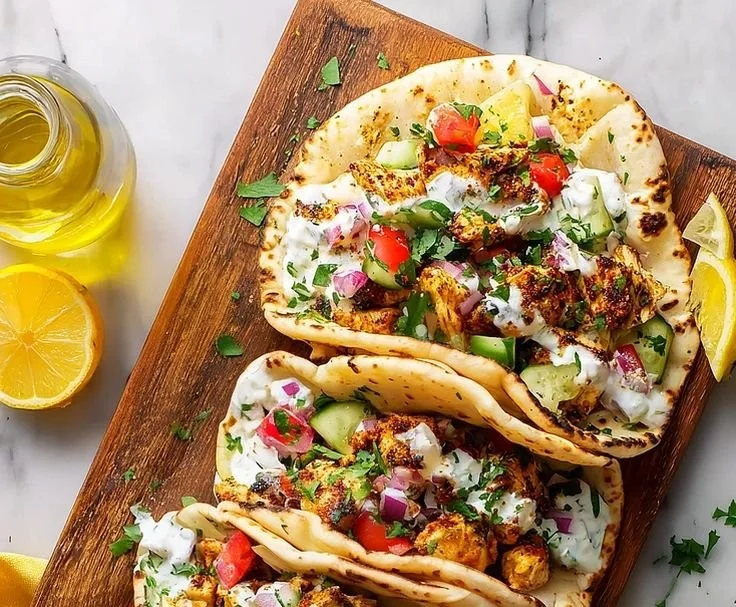 Delicious quick Mediterranean chicken tacos served with fresh ingredients