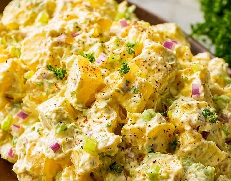 Bowl of quick potato salad with fresh herbs and vibrant vegetables