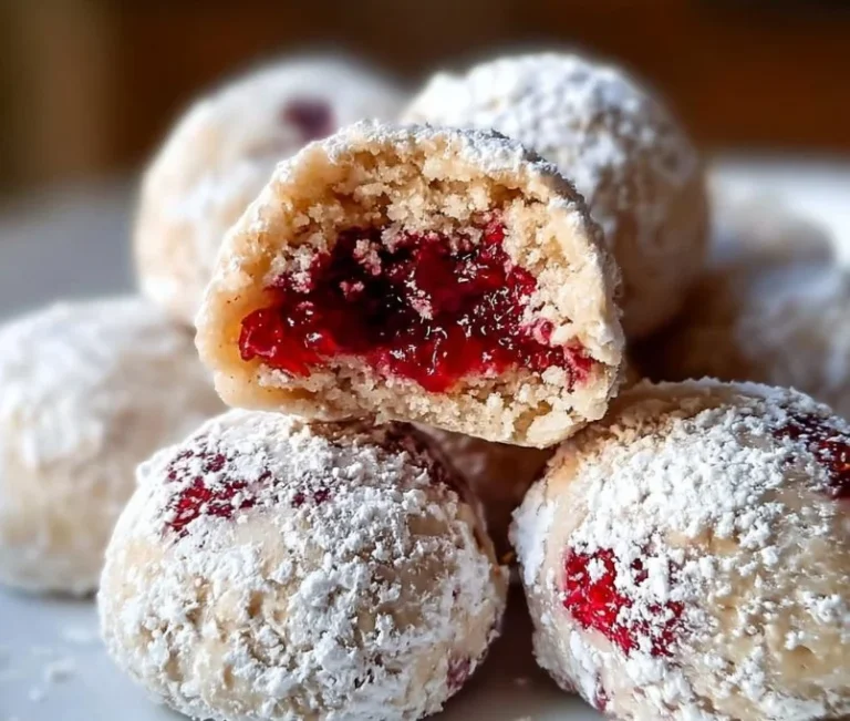 Plate of Raspberry Almond Snowball Cookies dusted with powdered sugar