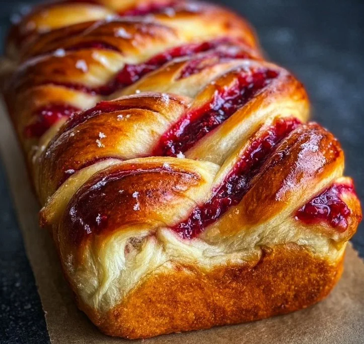 Raspberry Swirl Brioche Loaf fresh out of the oven with vibrant raspberry swirls.
