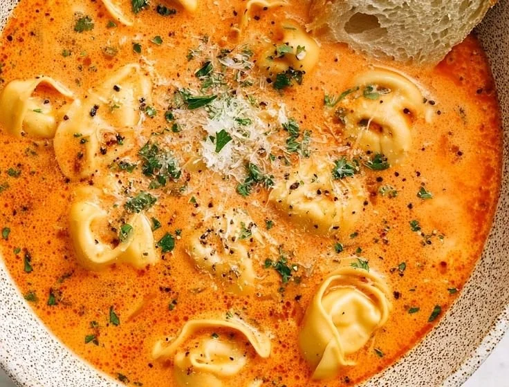 Bowl of rich tomato tortellini soup garnished with herbs