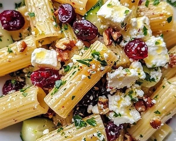 Colorful rigatoni salad with feta cheese and cranberries served in a bowl