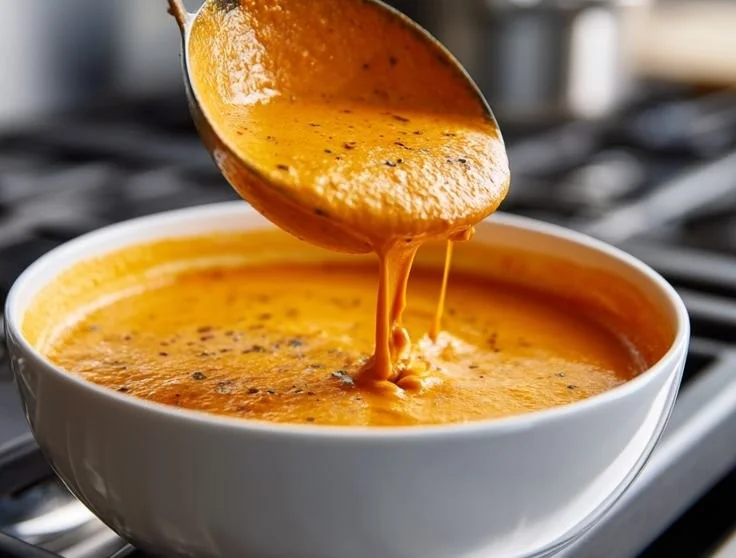 Bowl of roasted red pepper gouda soup garnished with herbs