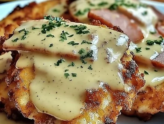 Savory Malibu Chicken topped with creamy mustard sauce on a plate