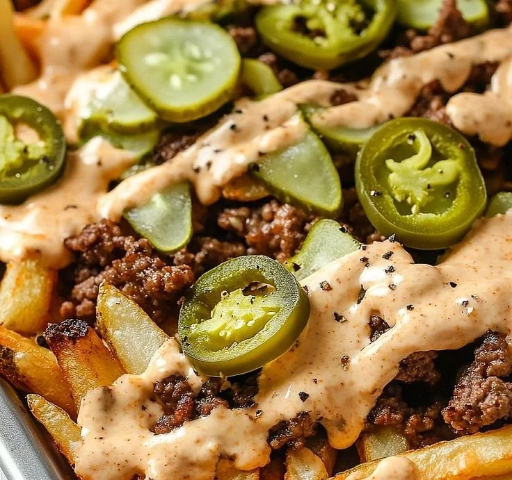 Delicious plate of savory smash burger fries served with dipping sauce.