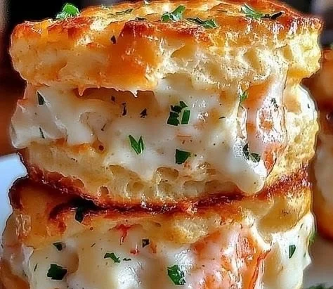 Shrimp Crab Biscuit Melts served on a plate with garnishes