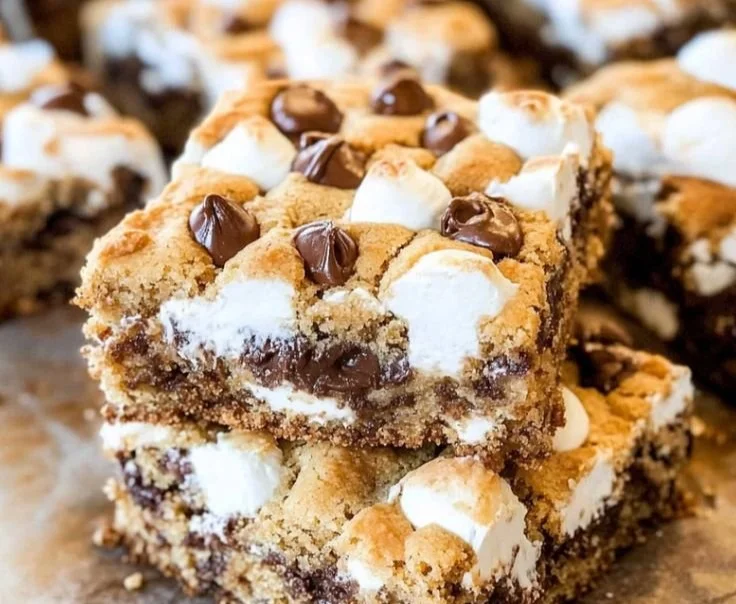 Delicious S'mores Cookie Bars topped with chocolate and marshmallows