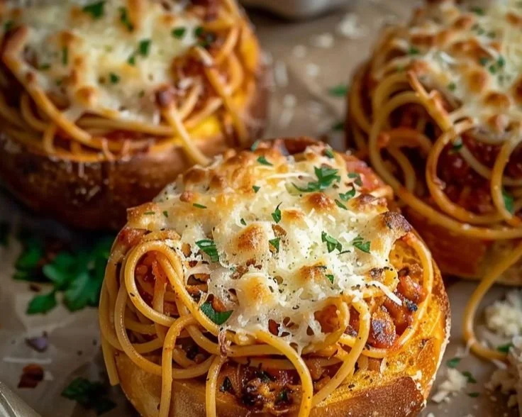 Spaghetti garlic bread bowls filled with rich tomato sauce and herbs.