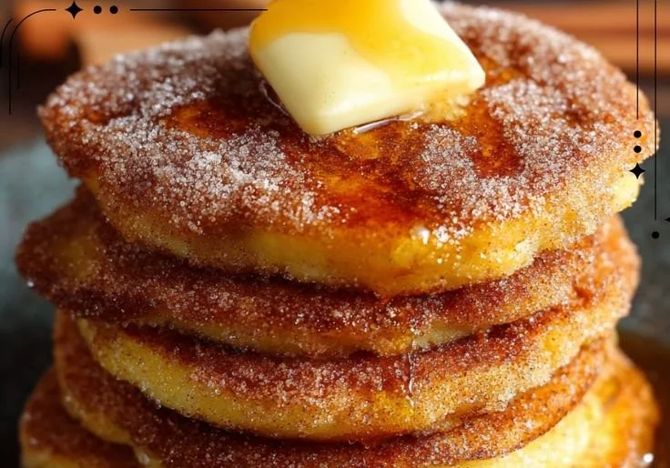 Delicious churro pancakes topped with cinnamon sugar and chocolate sauce