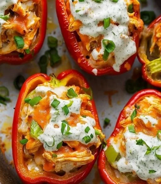 Spicy Buffalo Chicken Stuffed Peppers ready to serve for a healthy meal.