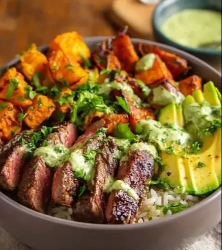 Steak and Sweet Potato Bowls with Avocado-Cilantro Drizzle served in a bowl.