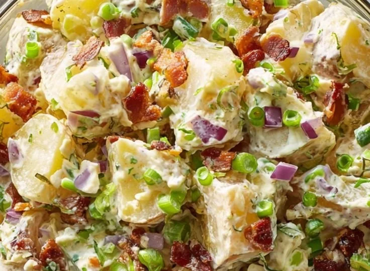 Bowl of creamy Steakhouse Potato Salad garnished with herbs