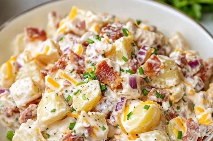 Creamy steakhouse potato salad served in a bowl with fresh herbs