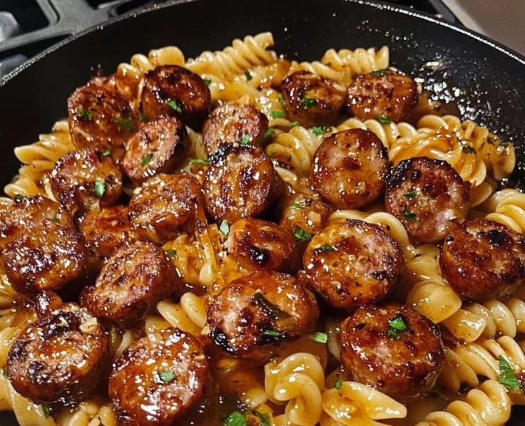 Sticky honey garlic sausage pasta skillet dish garnished with herbs.