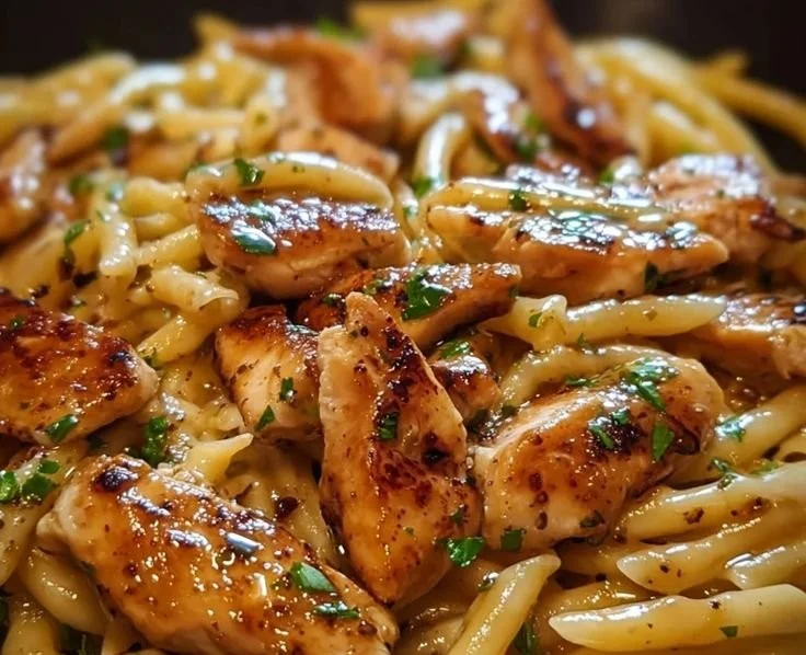 Delicious sticky smoky garlic butter chicken pasta on a plate
