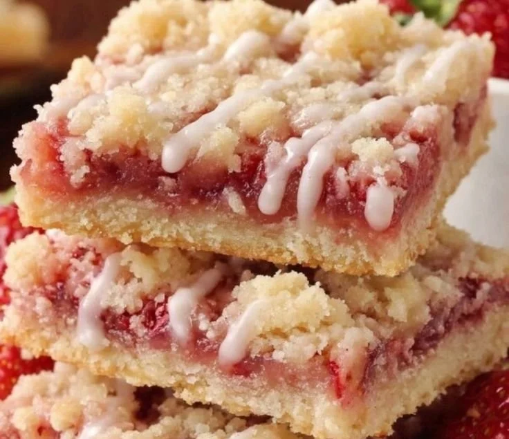 Strawberry shortcake bars topped with fresh strawberries and whipped cream