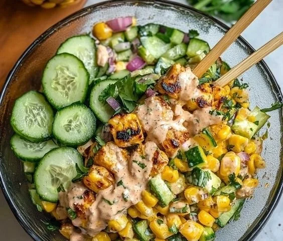 Creamy cucumber chicken salad with street corn