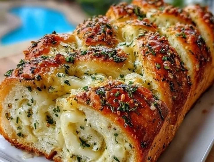 Freshly baked swirled garlic herb and cheese bread on a wooden board