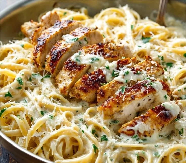 Delicious creamy garlic parmesan chicken pasta served in a bowl